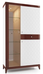 Casa Padrino Gabinetto Vetrina di Lusso Bianco / Marrone Lucido 111,2 x 45 x H. 205 cm - Armadio del Soggiorno Illuminato con 2 Ante e Cassetto - Mobili Soggiorno