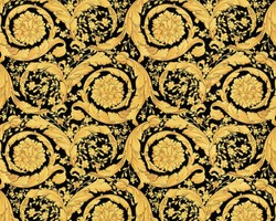 Versace Fondo de Pantalla de Satén Flores Barocco 935834 Negro / Oro Amarillo - Papel Pintado de Diseño - Accesorios Deco