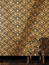 Versace Fondo de Pantalla de Satén Flores Barocco 935834 Negro / Oro Amarillo - Papel Pintado de Diseño - Accesorios Deco
