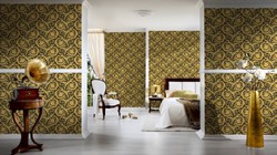 Versace Fondo de Pantalla de Satén Flores Barocco 935834 Negro / Oro Amarillo - Papel Pintado de Diseño - Accesorios Deco