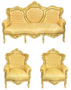 Conjunto de sala de estar barroca Casa Padrino Patrón dorado / dorado - Sofá 3 plazas + 2 sillones Conjunto de sala de estar barroca Casa Padrino Patrón dorado / dorado - Sofá 3 plazas + 2 sillones