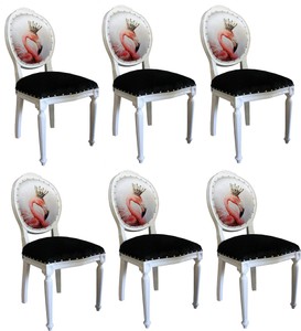 Casa Padrino Set di Sala da Pranzo Barocco di Lusso Fenicottero con Corona Bianco / Nero / Multicolore 48 x 50 x H. 98 cm - 6 Sedie da Pranzo Fatte a Mano con Strass Bling Bling - Arredamento Barocco Sala da Pranzo Casa Padrino Set di Sala da Pranzo Barocco di Lusso Fenicottero con Corona Bianco / Nero / Multicolore 48 x 50 x H. 98 cm - 6 Sedie da Pranzo Fatte a Mano con Strass Bling Bling - Arredamento Barocco Sala da Pranzo