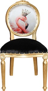 Casa Padrino Luxus Barock Esszimmer Set Flamingo mit Krone Gold / Schwarz / Mehrfarbig 48 x 50 x H. 98 cm - 4 handgefertigte Esszimmerstühle mit Bling Bling Glitzersteinen - Barock Esszimmermöbel