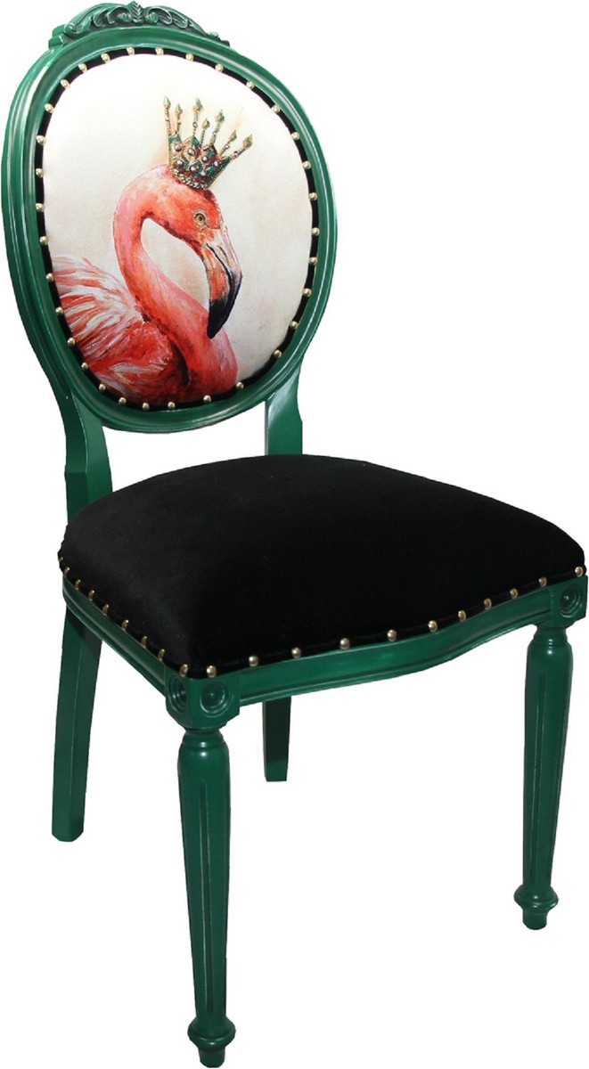 Casa Padrino Luxus Barock Esszimmer Set 4 Esszimmerstühle Flamingo mit Krone Grün / Schwarz / Mehrfarbig casa padrino luxus barock esszimmer set 4 massivholz samt strasssteine bling bling esszimmerstühle küchenstühle flamingo mit krone esszimmer hotel restaurant möbel küchenmöbel