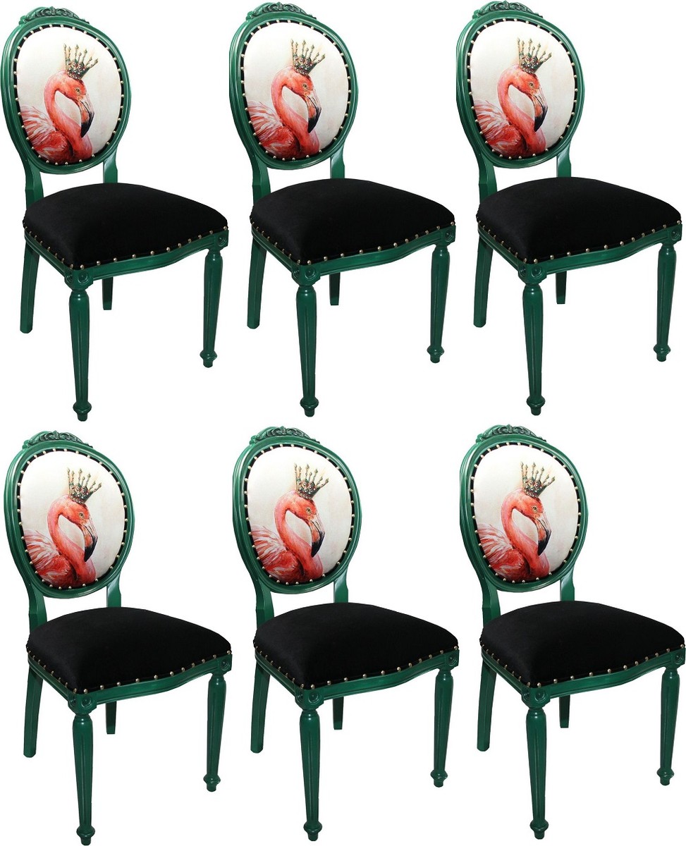 Casa Padrino Conjunto de Sillas de Comedor Barroco de Lujo Flamenco con Corona Verde / Negro / Multicolor 48 x 50 x H. 98 cm - 6 Sillas de Comedor Hechas a Mano con Diamantes de Imitación - Muebles de Comedor Barrocos Casa Padrino Conjunto de Sillas de Comedor Barroco de Lujo Flamenco con Corona Verde / Negro / Multicolor 48 x 50 x H. 98 cm - 6 Sillas de Comedor Hechas a Mano con Diamantes de Imitación - Muebles de Comedor Barrocos