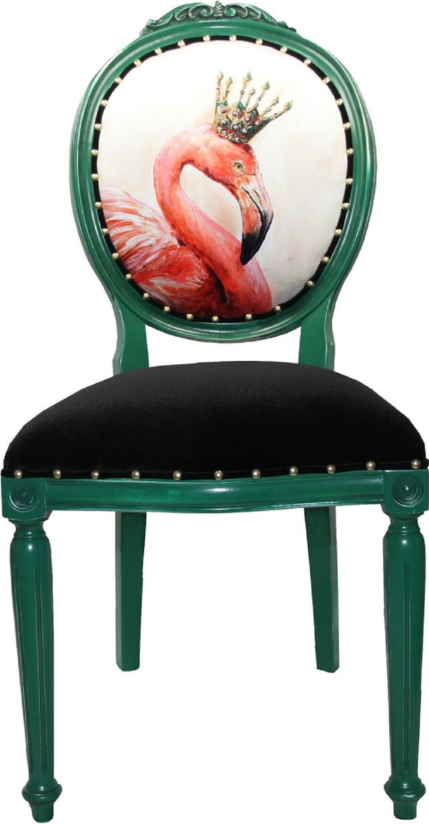 Casa Padrino Conjunto de Sillas de Comedor Barroco de Lujo Flamenco con Corona Verde / Negro / Multicolor 48 x 50 x H. 98 cm - 6 Sillas de Comedor Hechas a Mano con Diamantes de Imitación - Muebles de Comedor Barrocos Casa Padrino Conjunto de Sillas de Comedor Barroco de Lujo Flamenco con Corona Verde / Negro / Multicolor 48 x 50 x H. 98 cm - 6 Sillas de Comedor Hechas a Mano con Diamantes de Imitación - Muebles de Comedor Barrocos