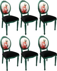 Casa Padrino Luxus Barock Esszimmer Set 6 Esszimmerstühle Flamingo mit Krone Grün / Schwarz / Mehrfarbig casa padrino luxus barock esszimmer set 6 massivholz samt strasssteine bling bling esszimmerstühle küchenstühle flamingo mit krone esszimmer hotel restaurant möbel küchenmöbel