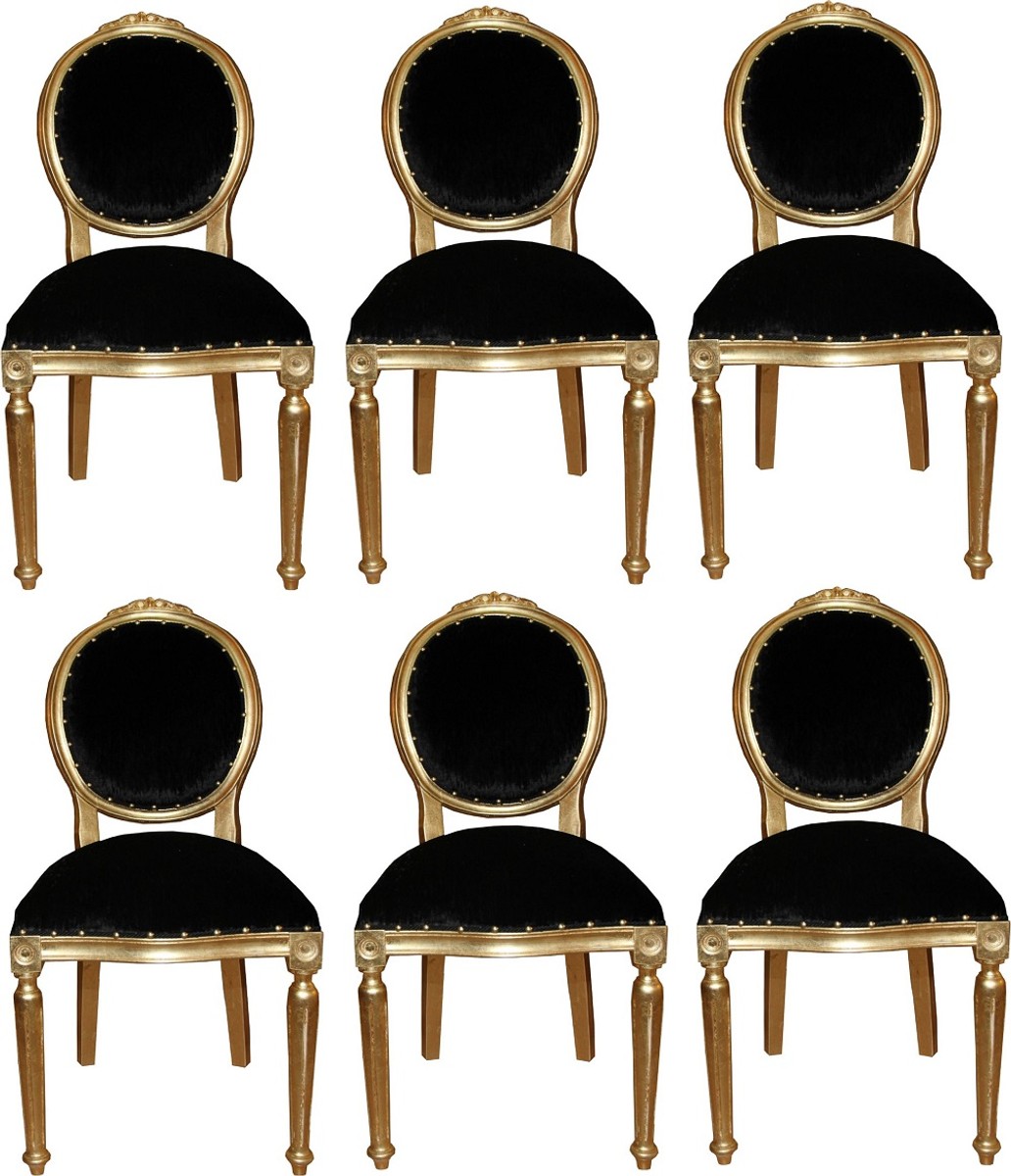 Casa Padrino Conjunto de Sillas de Comedor Barroco de Lujo Medallón Negro / Oro 50 x 52 x H. 99 cm - 6 Sillas de Comedor Hechas a Mano - Muebles de Comedor Barrocos Casa Padrino Conjunto de Sillas de Comedor Barroco de Lujo Medallón Negro / Oro 50 x 52 x H. 99 cm - 6 Sillas de Comedor Hechas a Mano - Muebles de Comedor Barrocos