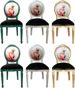 Casa Padrino Ensemble de Chaises de Salle à Manger Baroque de Luxe Flamant avec Couronne Vert / Blanc / Or 48 x 50 x H. 98 cm - 6 Chaises Faites Main avec Bling Bling Strass - Mobilier de Salle à Manger Baroque