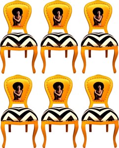Casa Padrino Ensemble de Chaises de Salle à Manger Baroque de Luxe Noir / Rayures Blanc / Jaune 55 x 54 x H. 103 cm - 6 Chaises de Salle à Manger Faites Main - Mobilier de Salle à Manger Baroque