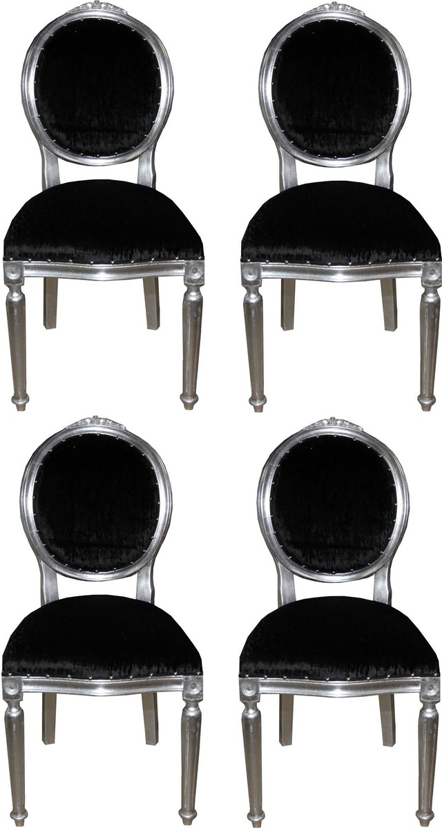 Casa Padrino Luxus Barock Esszimmer Set 4 Esszimmerstühle Medaillon Schwarz / Silber casa padrino luxus barock esszimmer set 4 massivholz samt esszimmerstühle küchenstühle medaillon esszimmer hotel restaurant möbel küchenmöbel