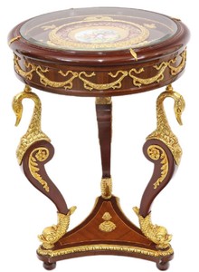 Casa Padrino tavolino barocco in mogano con piano in vetro marrone / oro Ø 55 x H. 78 cm - Sontuosa Tavola Rotonda Fatta a Mano e Dipinta a Mano con Splendidi Ornamenti