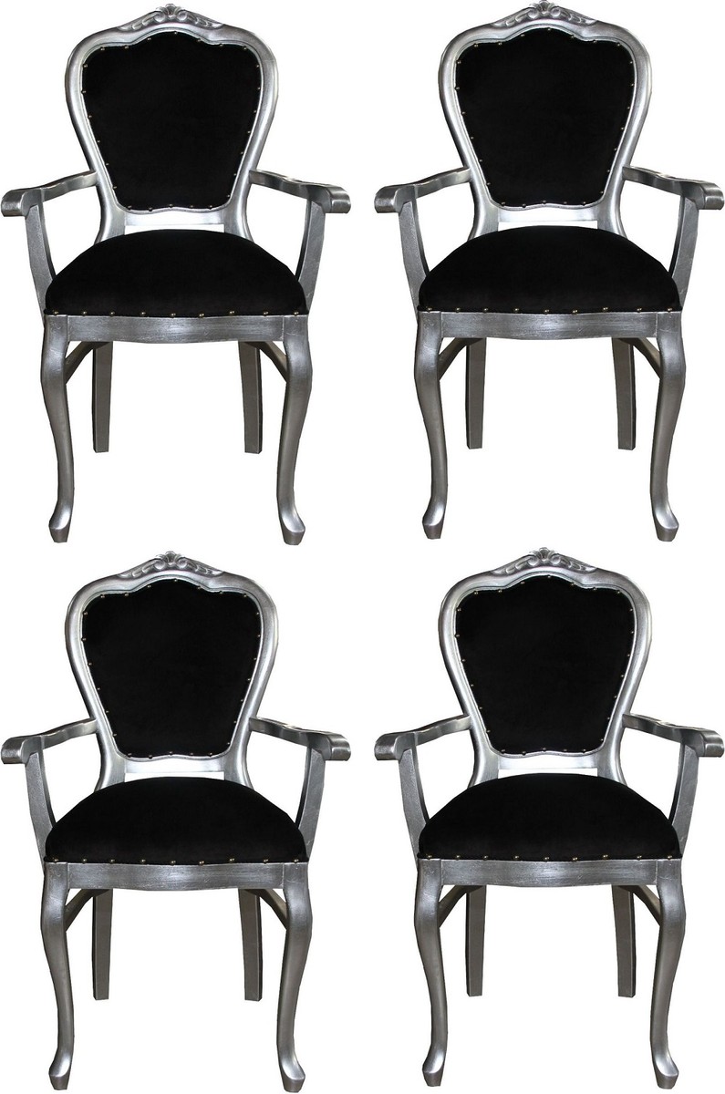 Casa Padrino Luxury Baroque Dining Set Black / Silver 60 x 47 x H. 99 cm - 4 Handmade Dining Chairs with Armrests - Baroque Dining Room Furniture Casa Padrino Luxury Baroque Dining Set Black / Silver 60 x 47 x H. 99 cm - 4 Handmade Dining Chairs with Armrests - Baroque Dining Room Furniture