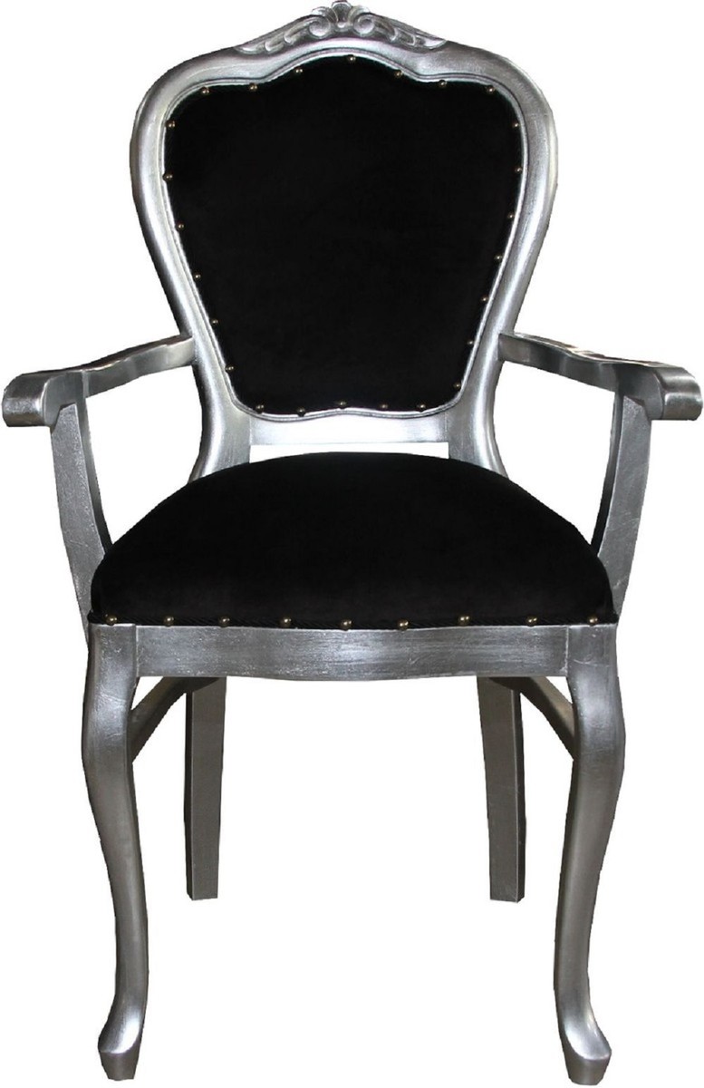 Casa Padrino Luxury Baroque Dining Set Black / Silver 60 x 47 x H. 99 cm - 4 Handmade Dining Chairs with Armrests - Baroque Dining Room Furniture Casa Padrino Luxury Baroque Dining Set Black / Silver 60 x 47 x H. 99 cm - 4 Handmade Dining Chairs with Armrests - Baroque Dining Room Furniture