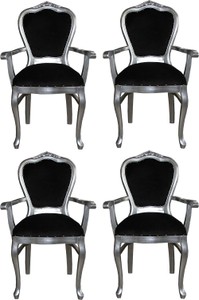 Casa Padrino Set di Sala da Pranzo Barocco di Lusso Nero / Argento 60 x 47 x H. 99 cm - 4 Sedie da Pranzo con Braccioli Fatte a Mano - Mobili da Sala Barocchi Casa Padrino Set di Sala da Pranzo Barocco di Lusso Nero / Argento 60 x 47 x H. 99 cm - 4 Sedie da Pranzo con Braccioli Fatte a Mano - Mobili da Sala Barocchi