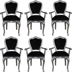 Casa Padrino Set di Sala da Pranzo Barocco di Lusso Nero / Argento 60 x 47 x H. 99 cm - 6 Sedie da Pranzo con Braccioli Fatte a Mano - Mobili da Sala Barocchi Casa Padrino Set di Sala da Pranzo Barocco di Lusso Nero / Argento 60 x 47 x H. 99 cm - 6 Sedie da Pranzo con Braccioli Fatte a Mano - Mobili da Sala Barocchi