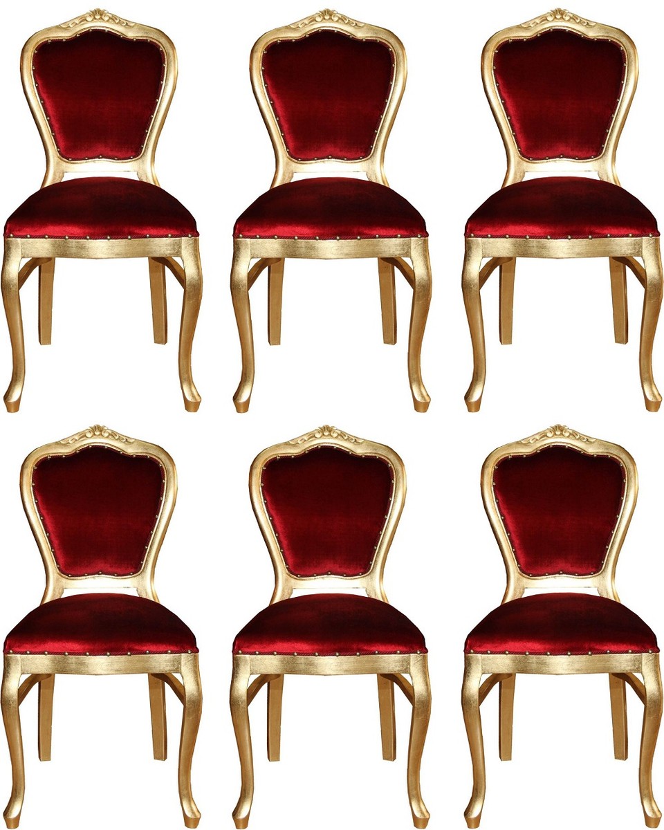 Casa Padrino Conjunto de Sillas de Comedor Barroco de Lujo Burdeos Rojo / Oro 45 x 46 x H. 99 cm - 6 Sillas de Comedor Hechas a Mano - Muebles de Comedor Barrocos Casa Padrino Conjunto de Sillas de Comedor Barroco de Lujo Burdeos Rojo / Oro 45 x 46 x H. 99 cm - 6 Sillas de Comedor Hechas a Mano - Muebles de Comedor Barrocos