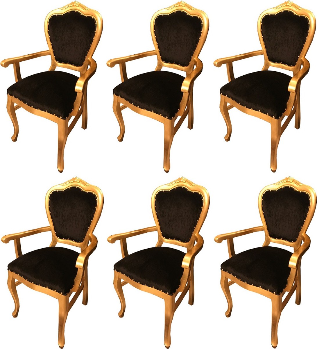 Casa Padrino Luxury Baroque Dining Set Black / Gold 60 x 47 x H. 99 cm - 6 Handmade Dining Chairs with Armrests - Baroque Dining Room Furniture Casa Padrino Luxury Baroque Dining Set Black / Gold 60 x 47 x H. 99 cm - 6 Handmade Dining Chairs with Armrests - Baroque Dining Room Furniture