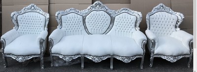 Casa Padrino Barock Sofa Set Weiß / Silber mit Bling Bling Glitzersteinen Living Room Baroque Lounge Set White / Silver Casa Padrino Barock Sofa Set Weiß / Silber mit Bling Bling Glitzersteinen Living Room Baroque Lounge Set White / Silver