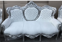 Set di divani barocchi Casa Padrino Sgabello in pelle bianca / argento + 2 poltrone con strass - Living Baroque