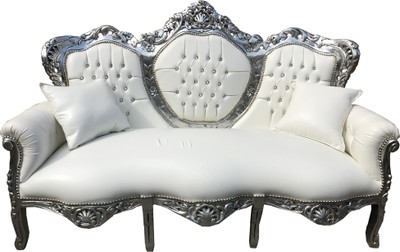 Casa Padrino Barocco Divano a 3 posti King in pelle bianca / Argento con strass Bling Bling - Living Room Couch Furniture Lounge Casa Padrino Barocco Divano a 3 posti King in pelle bianca / Argento con strass Bling Bling - Living Room Couch Furniture Lounge