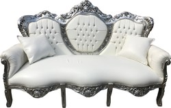 Casa Padrino Baroque 3 seater Sofa King White Leather Look / Silver with Bling Bling rhinestones - Living Room Couch Furniture Lounge Casa Padrino Baroque 3 seater Sofa King White Leather Look / Silver with Bling Bling rhinestones - Living Room Couch Furniture Lounge