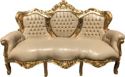Divano letto 3 posti in pelle stile panna Casa Padrino Barocco / oro - Soggiorno divano Divano letto 3 posti in pelle stile panna Casa Padrino Barocco / oro - Soggiorno divano