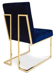 Casa Padrino Luxus Chesterfield Samt Esszimmerstuhl Dunkelblau / Gold 48 x 67,5 x H. 90 cm - Esszimmermöbel