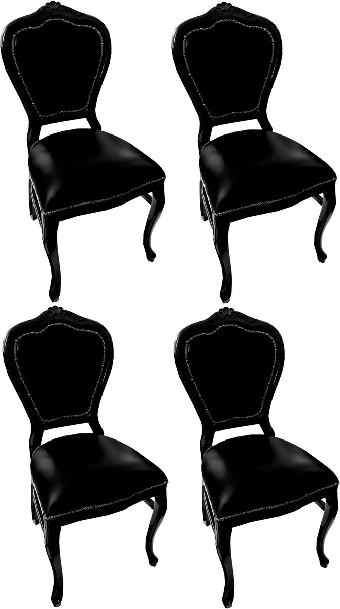 Casa Padrino Luxury Baroque Dining Set Black / Black 45 x 47 x H. 99 cm - 4 Handmade Solid Wood Dining Chairs with Genuine Leather - Baroque Dining Room Furniture Casa Padrino Luxury Baroque Dining Set Black / Black 45 x 47 x H. 99 cm - 4 Handmade Solid Wood Dining Chairs with Genuine Leather - Baroque Dining Room Furniture