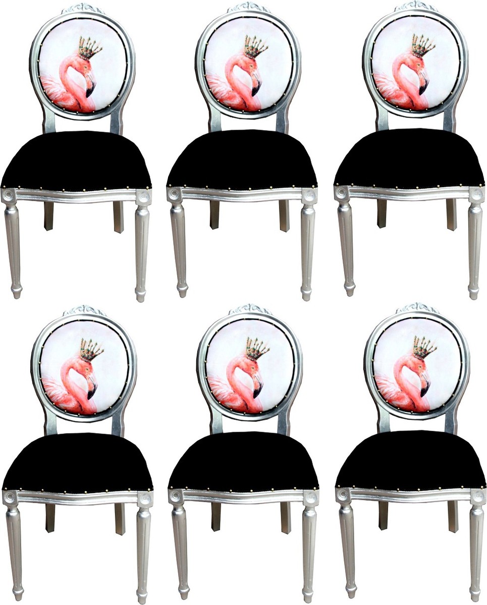 Casa Padrino Luxury Baroque Dining Room Set Flamingo with Crown Black / Multicolor / Silver 48 x 50 x H. 98 cm - 6 Handmade Dining Chairs with Bling Bling Rhinestones - Baroque Dining Room Furniture Casa Padrino Luxury Baroque Dining Room Set Flamingo with Crown Black / Multicolor / Silver 48 x 50 x H. 98 cm - 6 Handmade Dining Chairs with Bling Bling Rhinestones - Baroque Dining Room Furniture