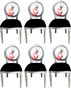 Casa Padrino Luxury Baroque Dining Room Set Flamingo with Crown Black / Multicolor / Silver 48 x 50 x H. 98 cm - 6 Handmade Dining Chairs with Bling Bling Rhinestones - Baroque Dining Room Furniture