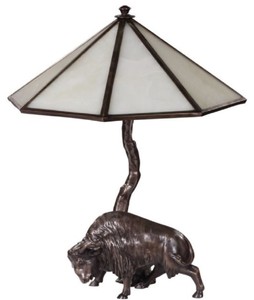 Casa Padrino lámpara de mesa de lujo con figura de bronce bisonte bronce / blanco 42 x 42 x H. 50 cm - Colección de Lujo