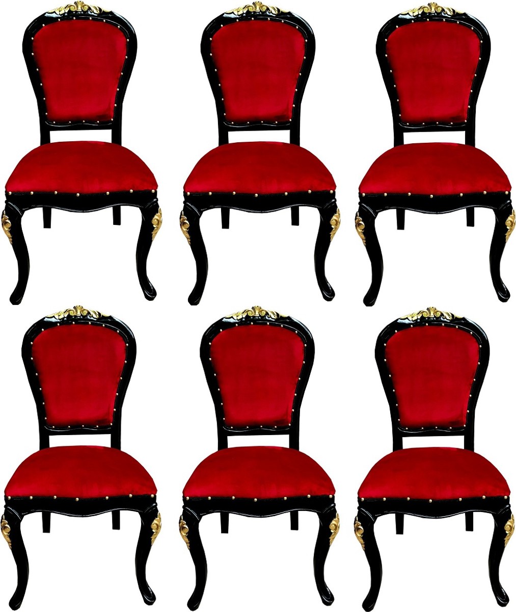 Casa Padrino Ensemble de Chaises de Salle à Manger Baroque de Luxe Bordeaux Rouge / Noir / Or 50 x 50 x H. 110 cm - 6 Chaises de Salle à Manger en Bois Massif Faites à la Main avec Tissu en Velours - Meubles de Salle à Manger Baroque Casa Padrino Ensemble de Chaises de Salle à Manger Baroque de Luxe Bordeaux Rouge / Noir / Or 50 x 50 x H. 110 cm - 6 Chaises de Salle à Manger en Bois Massif Faites à la Main avec Tissu en Velours - Meubles de Salle à Manger Baroque