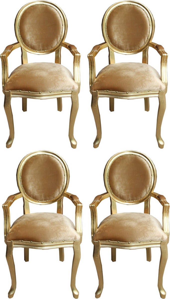 Casa Padrino Luxury Baroque Dining Set Gold Medallion Gold / Gold 58 x 54 x H. 103 cm - 4 Handmade Dining Chairs with Armrests - Baroque Furniture Casa Padrino Luxury Baroque Dining Set Gold Medallion Gold / Gold 58 x 54 x H. 103 cm - 4 Handmade Dining Chairs with Armrests - Baroque Furniture