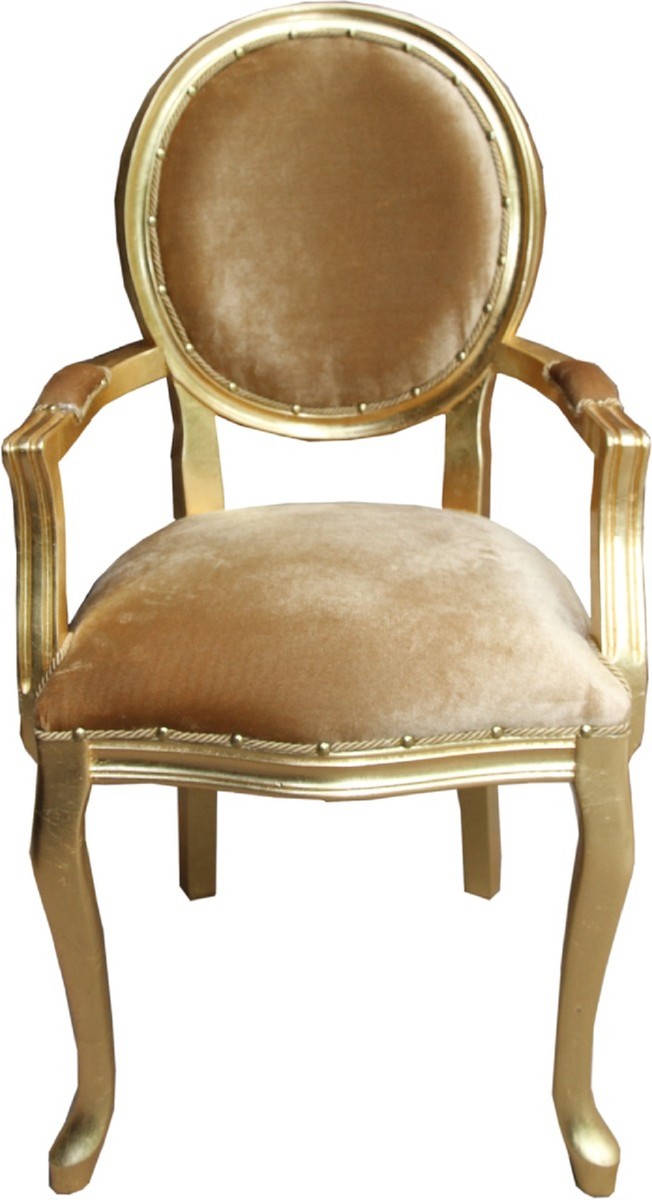 Casa Padrino Luxury Baroque Dining Set Gold Medallion Gold / Gold 58 x 54 x H. 103 cm - 4 Handmade Dining Chairs with Armrests - Baroque Furniture Casa Padrino Luxury Baroque Dining Set Gold Medallion Gold / Gold 58 x 54 x H. 103 cm - 4 Handmade Dining Chairs with Armrests - Baroque Furniture