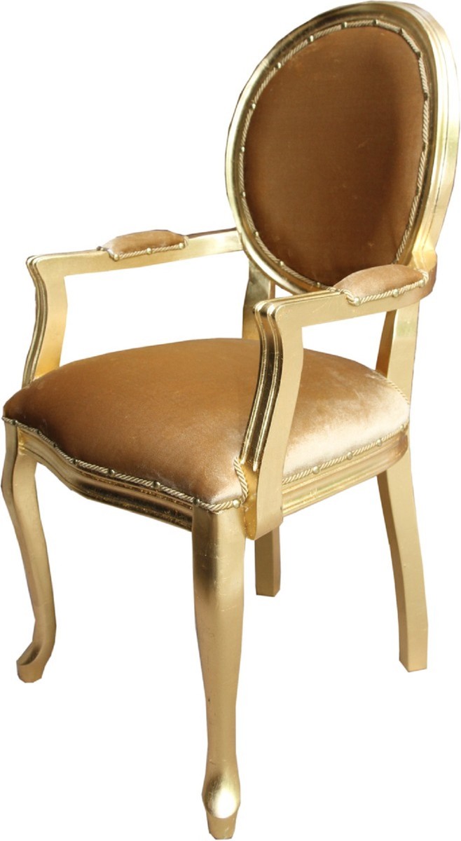 Casa Padrino Luxury Baroque Dining Set Gold Medallion Gold / Gold 58 x 54 x H. 103 cm - 4 Handmade Dining Chairs with Armrests - Baroque Furniture Casa Padrino Luxury Baroque Dining Set Gold Medallion Gold / Gold 58 x 54 x H. 103 cm - 4 Handmade Dining Chairs with Armrests - Baroque Furniture