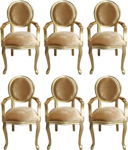 Casa Padrino Luxury Baroque Dining Set Gold Medallion Gold / Gold 58 x 54 x H. 103 cm - 6 Handmade Dining Chairs with Armrests - Baroque Furniture
