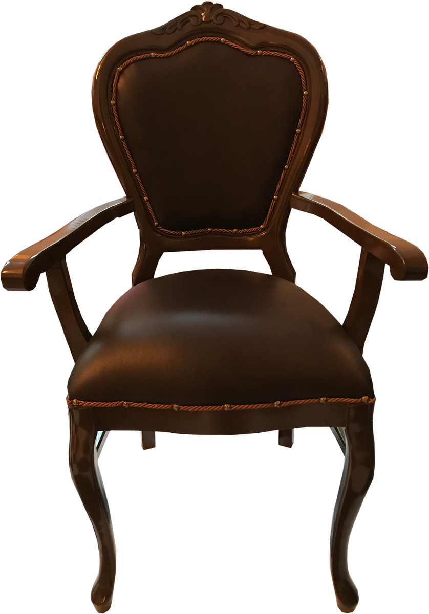 Casa Padrino Baroque Luxury Genuine Leather Dining Chair Brown / Brown with Armrests - Handmade furniture with genuine leather Casa Padrino Baroque Luxury Genuine Leather Dining Chair Brown / Brown with Armrests - Handmade furniture with genuine leather