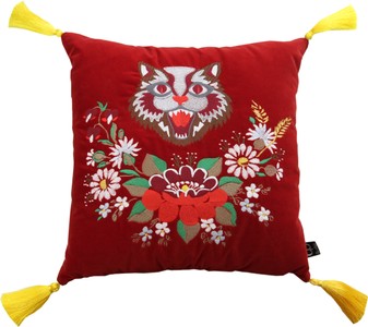 Cojín decorativo de lujo Casa Padrino con borlas Gato rojo / amarillo 45 x 45 cm - Terciopelo fino - Cojín de vida Cojín decorativo de lujo Casa Padrino con borlas Gato rojo / amarillo 45 x 45 cm - Terciopelo fino - Cojín de vida