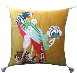 Casa Padrino luxury decorative cushion with tassels Bird yellow / white 45 x 45 cm - finest velvet fabric - luxury decoration accessories Casa Padrino luxury decorative cushion with tassels Bird yellow / white 45 x 45 cm - finest velvet fabric - luxury decoration accessories
