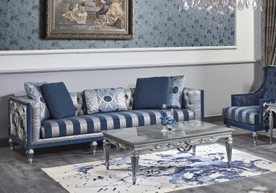 Casa Padrino Divano Chesterfield Barocco di Lusso Blu / Argento Strisce 250 x 92 x H. 85 cm - Mobili per Soggiorno in Stile Barocco Casa Padrino Divano Chesterfield Barocco di Lusso Blu / Argento Strisce 250 x 92 x H. 85 cm - Mobili per Soggiorno in Stile Barocco