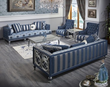 Casa Padrino Luxus Barock Chesterfield Sofa Blau / Silber gestreift 250 x 92 x H. 85 cm - Wohnzimmermöbel im Barockstil