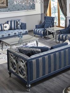 Casa Padrino Luxus Barock Chesterfield Sofa Blau / Silber gestreift 250 x 92 x H. 85 cm - Wohnzimmermöbel im Barockstil