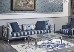 Casa Padrino Canapé Chesterfield Baroque de Luxe Bleu / Argent Rayé 250 x 92 x H. 85 cm - Meubles de Salon de Style Baroque