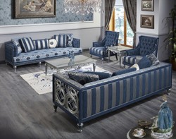 Casa Padrino Canapé Chesterfield Baroque de Luxe Bleu / Argent Rayé 250 x 92 x H. 85 cm - Meubles de Salon de Style Baroque