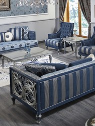 Casa Padrino Canapé Chesterfield Baroque de Luxe Bleu / Argent Rayé 250 x 92 x H. 85 cm - Meubles de Salon de Style Baroque