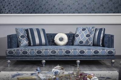 Casa Padrino Divano Chesterfield Barocco di Lusso Blu Scuro / Blu Brillante / Argento 250 x 92 x H. 85 cm - Mobili Soggiorno Barocchi Casa Padrino Divano Chesterfield Barocco di Lusso Blu Scuro / Blu Brillante / Argento 250 x 92 x H. 85 cm - Mobili Soggiorno Barocchi