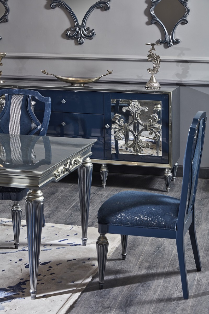 Casa Padrino Luxus Barock Esszimmer Set Blau / Silber - Esstisch und 6 Esszimmerstühle - Barock Esszimmermöbel Casa Padrino Luxus Barock Esszimmer Set Blau / Silber - Esstisch und 6 Esszimmerstühle - Barock Esszimmermöbel
