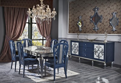 Casa Padrino set da pranzo barocco di lusso blu / argento - Tavolo da Pranzo e 6 Sedie da Pranzo - Mobili Sala da Pranzo Barocchi Casa Padrino set da pranzo barocco di lusso blu / argento - Tavolo da Pranzo e 6 Sedie da Pranzo - Mobili Sala da Pranzo Barocchi
