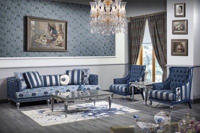 Casa Padrino conjunto de sala de estar barroco de lujo azul oscuro / azul claro / plata - Sofá y 2 Sillones y Mesa de Centro - Muebles de Salón Barrocos Casa Padrino conjunto de sala de estar barroco de lujo azul oscuro / azul claro / plata - Sofá y 2 Sillones y Mesa de Centro - Muebles de Salón Barrocos